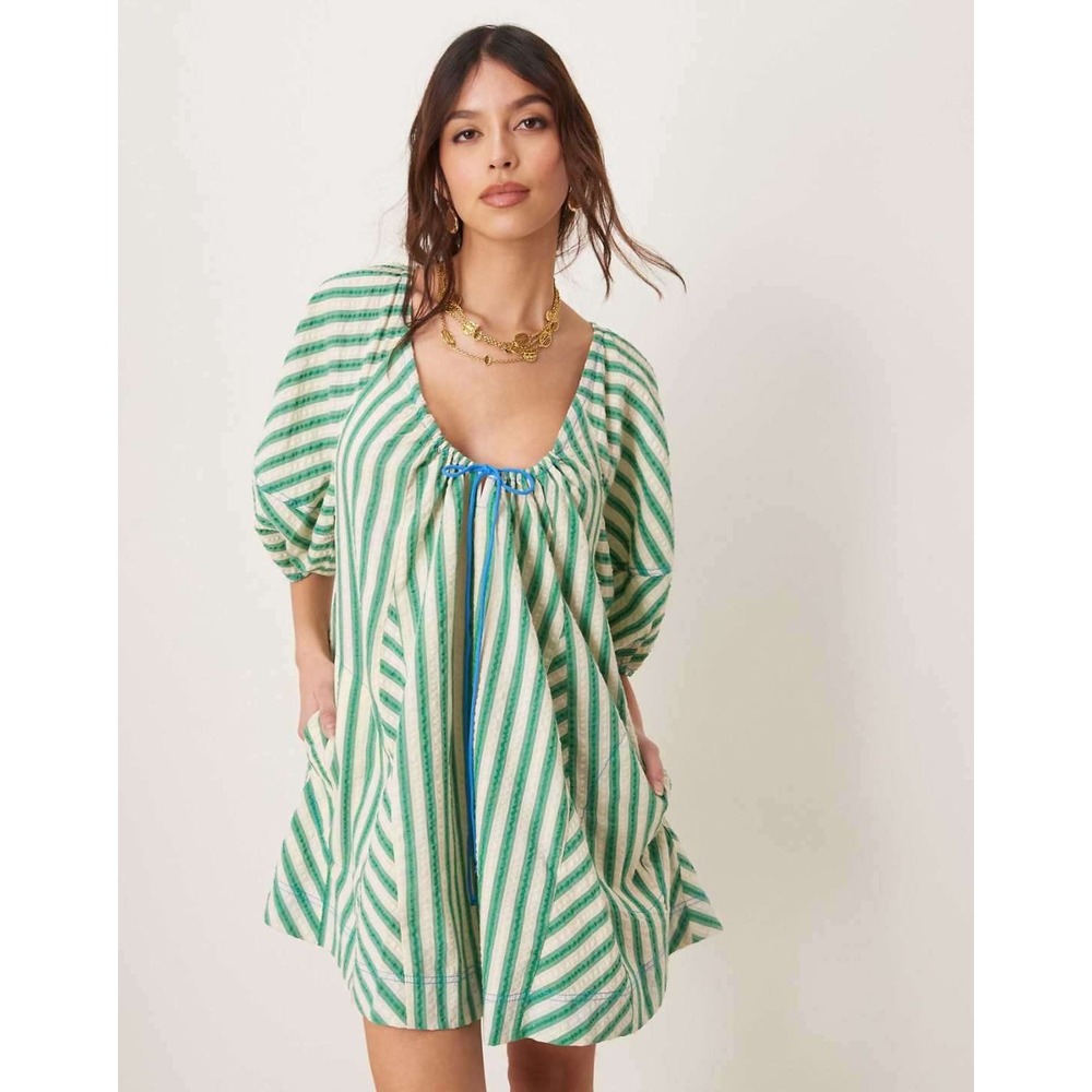 Free People Bop Around Romper Green Striped Seersucker Puff Sleeve Medium